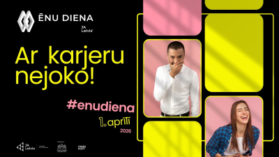 "Ēnu diena 2026" oficiālais vizuālis- virsraksts "Ar karjeru nejoko", fonā jaunieši