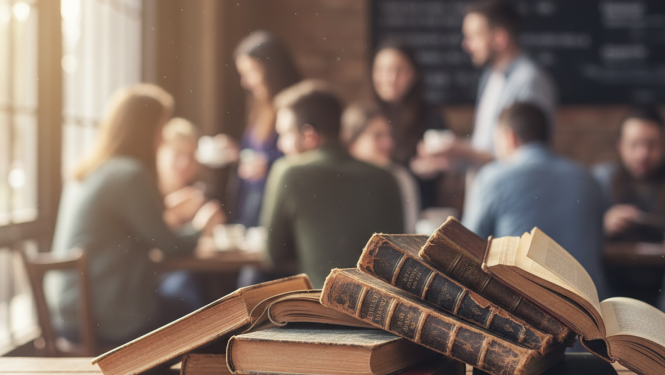 Bibliotēka-priekšpusē grāmatas, fonā vairāki cilvēki, kas ir kopā vienā pasākumā