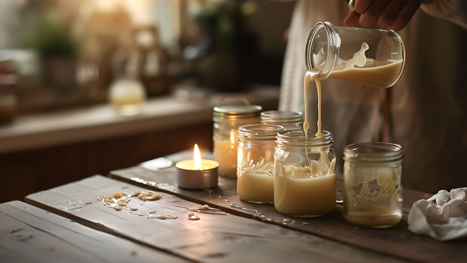 Uz galda stāv trauki, kuros tiek lietas sveces