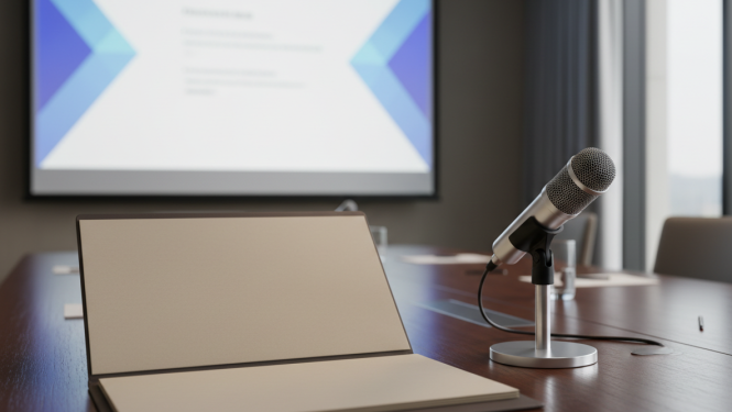 Biroja galds ar prezentāciju fonā un mikrofonu uz galda