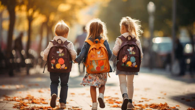 Trīs skolēni dodas uz skolu