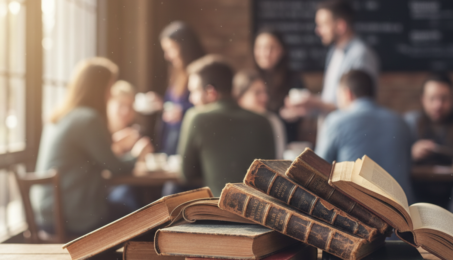 Bibliotēka-priekšpusē grāmatas, fonā vairāki cilvēki, kas ir kopā vienā pasākumā