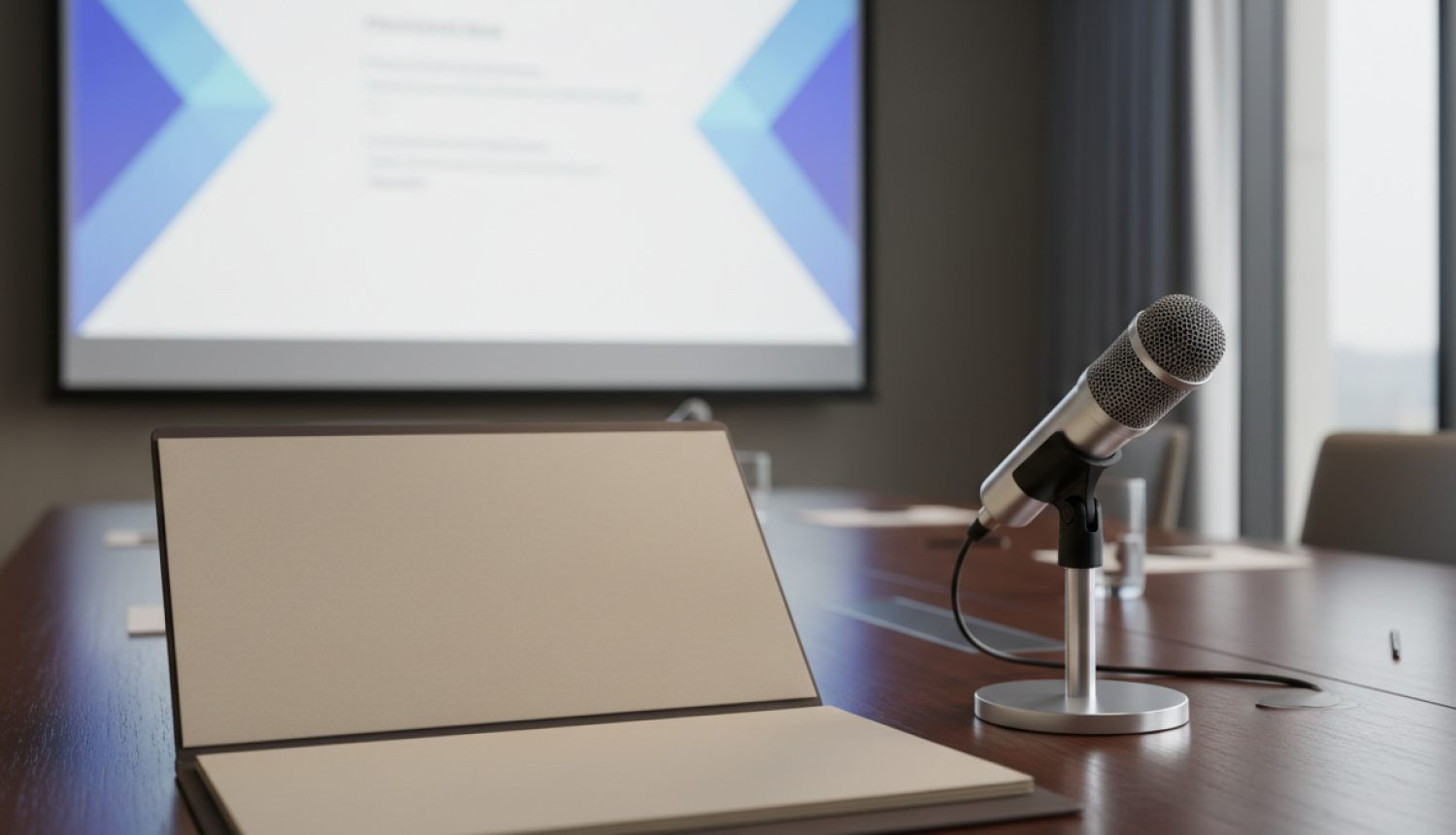 Biroja galds ar prezentāciju fonā un mikrofonu uz galda
